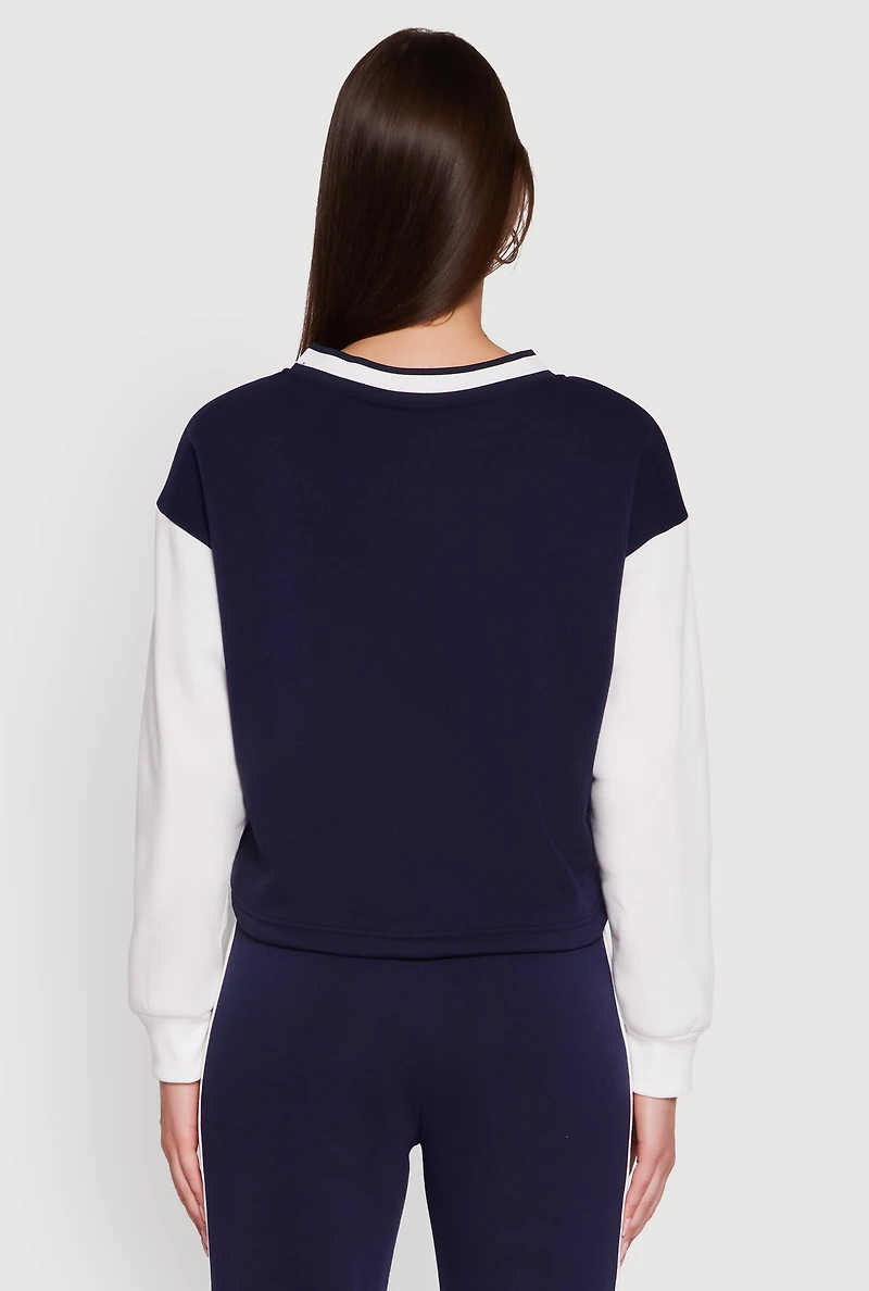 Womens Graphic Varsity Stripe Pull Over Sweatshirt, Blue, Size XL