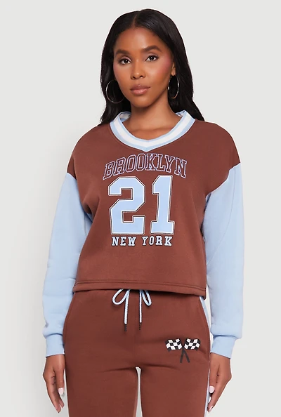 Womens Graphic Varsity Stripe Pull Over Sweatshirt, Brown, Size S