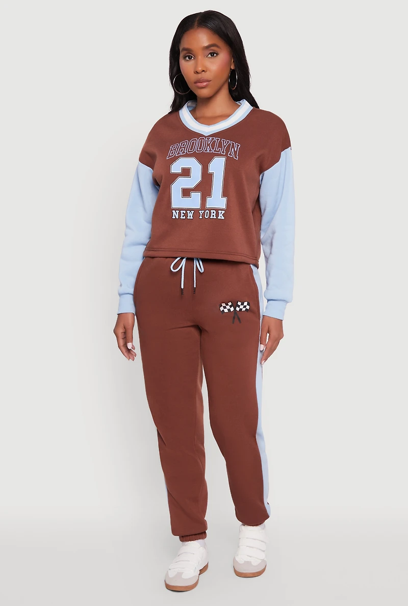 Womens Graphic Varsity Stripe Pull Over Sweatshirt, Brown, Size S