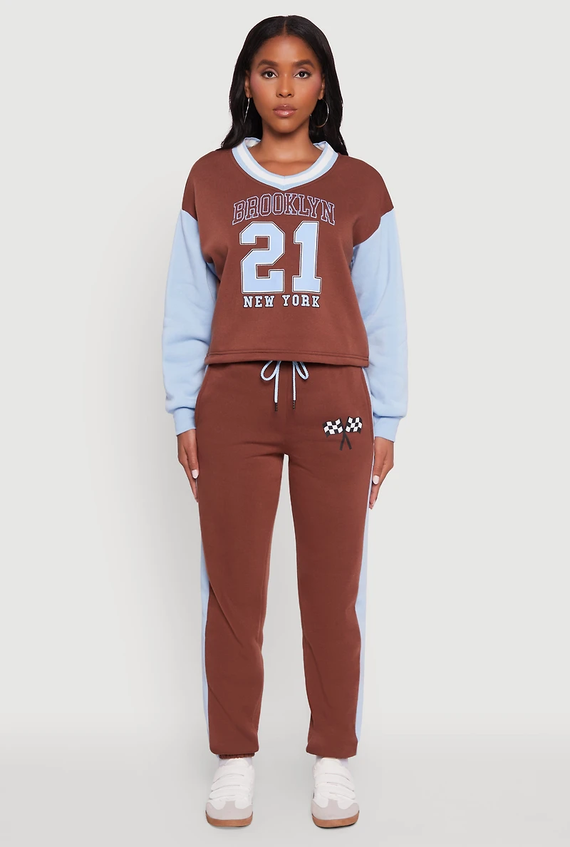 Womens Graphic Varsity Stripe Pull Over Sweatshirt, Brown, Size S