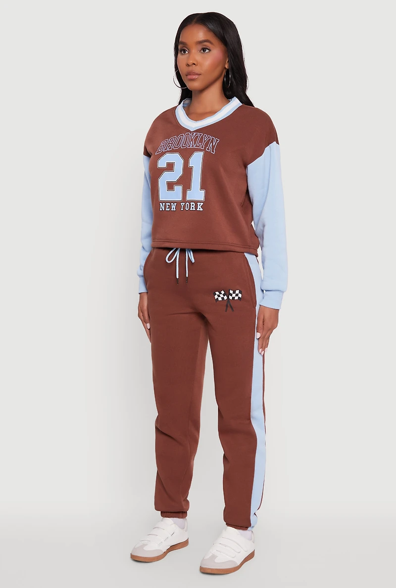 Womens Graphic Varsity Stripe Pull Over Sweatshirt, Brown, Size S