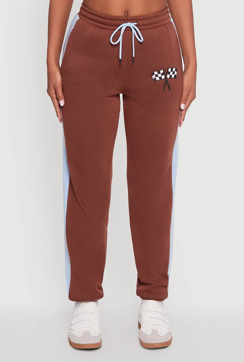 Womens Graphic Side Stripe Tapered Leg Sweatpants, Brown, Size S