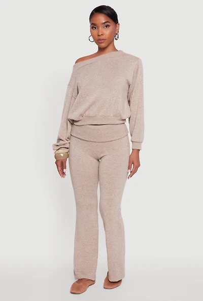 Womens Brushed Knit Fold Over Flare Pants, Khaki, Size M