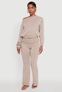 Womens Brushed Knit Fold Over Flare Pants, Khaki, Size M