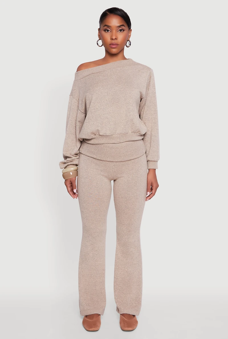 Womens Brushed Knit Fold Over Flare Pants, Khaki, Size M