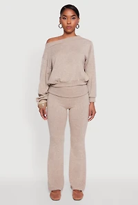 Womens Brushed Knit Fold Over Flare Pants, Khaki, Size M