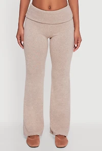 Womens Brushed Knit Fold Over Flare Pants, Khaki, Size M