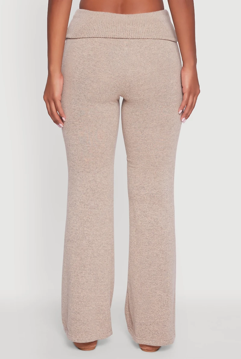 Womens Brushed Knit Fold Over Flare Pants, Khaki, Size M