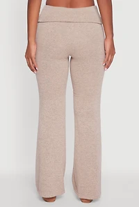 Womens Brushed Knit Fold Over Flare Pants, Khaki, Size M