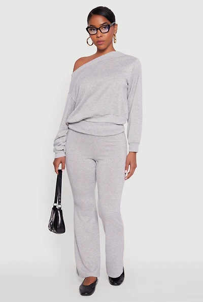 Womens Brushed Knit Fold Over Flare Pants,