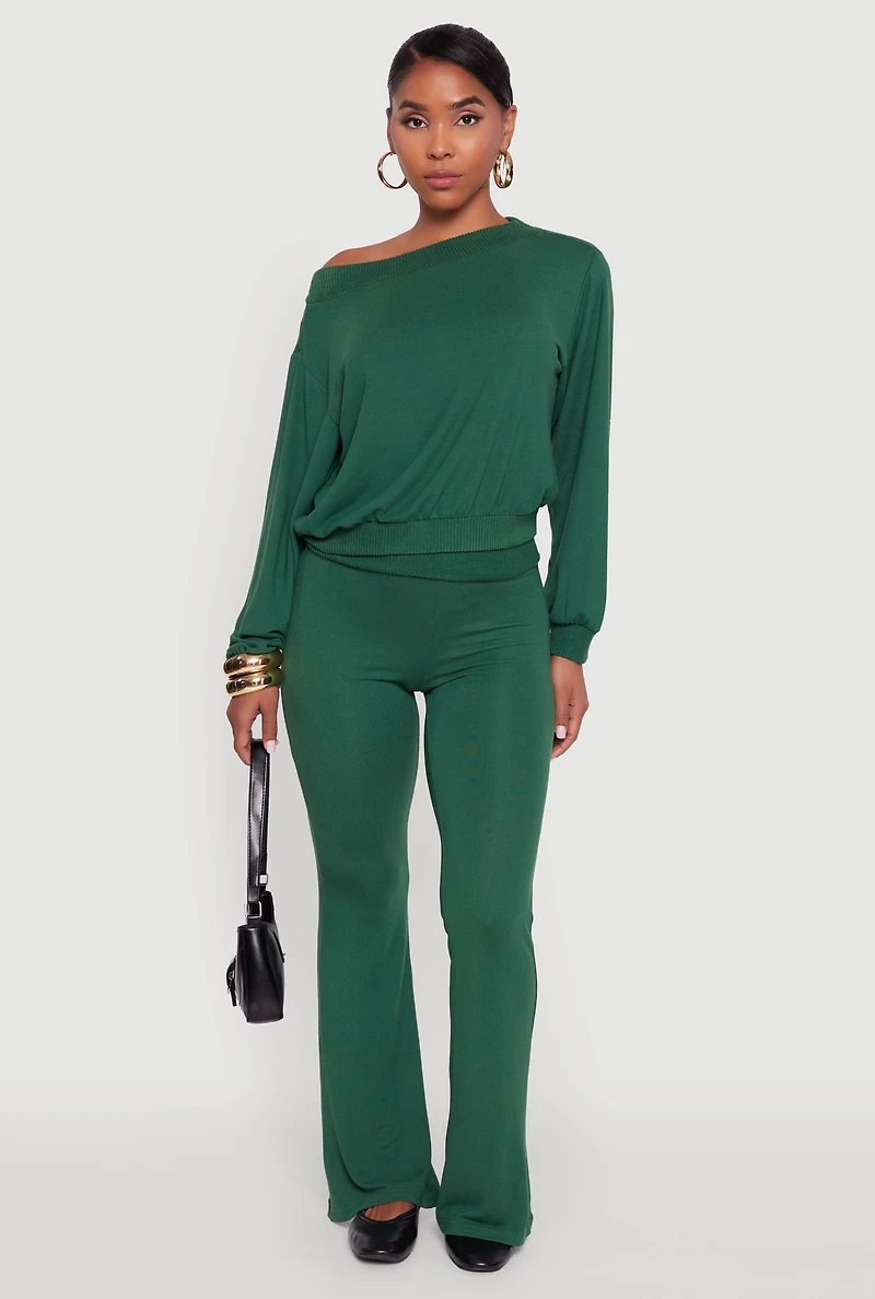 Womens Brushed Knit Fold Over Flare Pants, Green, Size L
