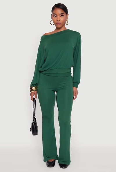 Womens Brushed Knit Fold Over Flare Pants, Green, Size L