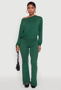 Womens Brushed Knit Fold Over Flare Pants, Green, Size L