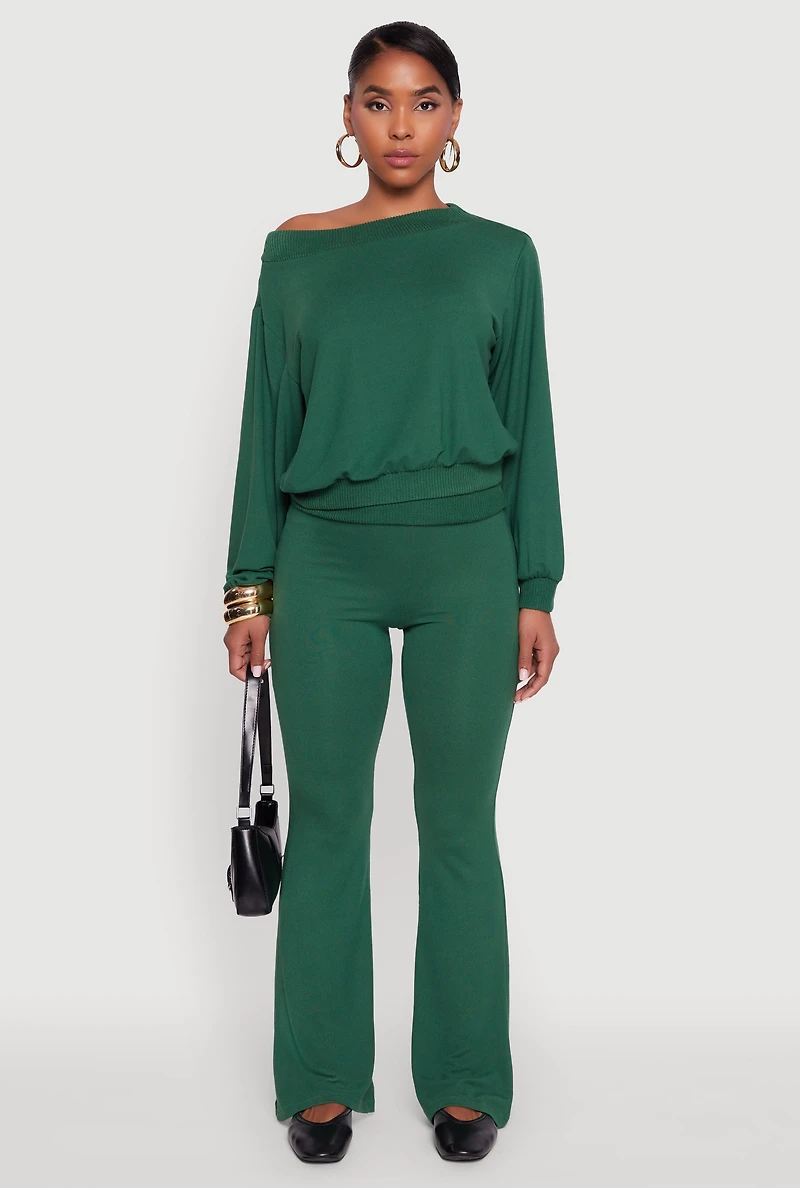 Womens Brushed Knit Fold Over Flare Pants, Green, Size L
