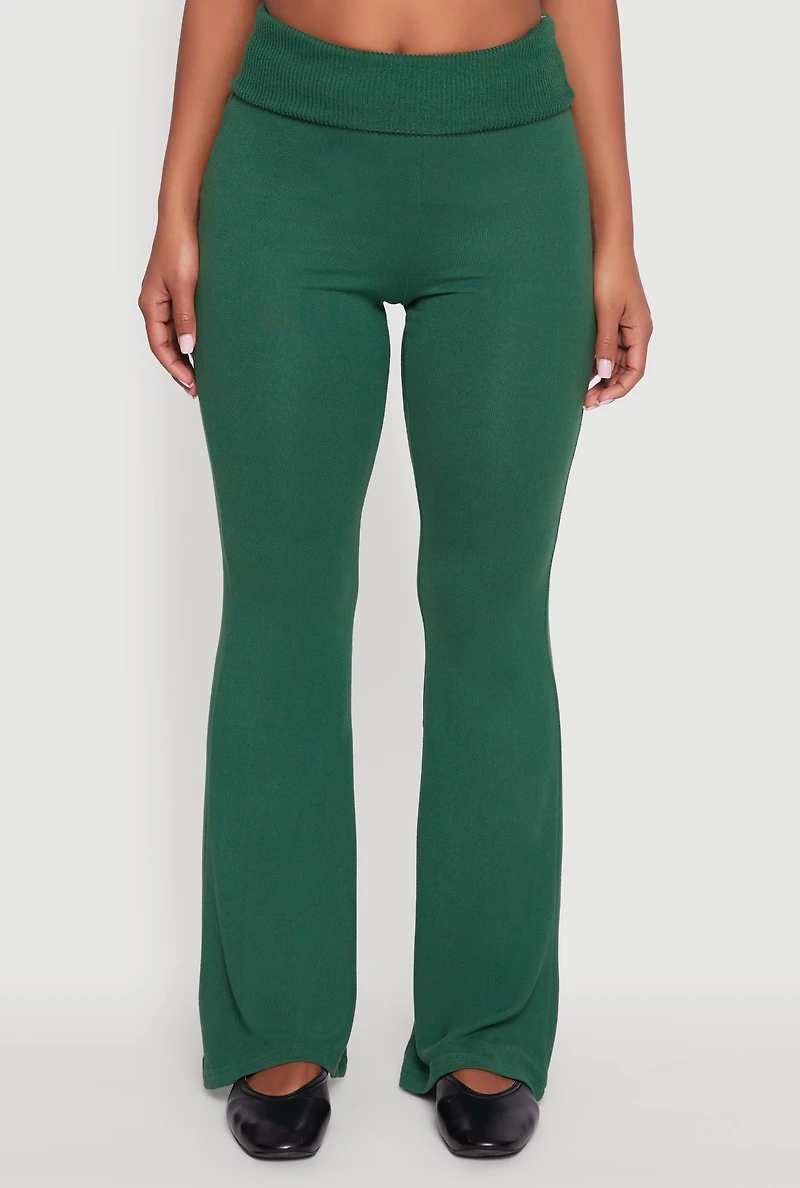 Womens Brushed Knit Fold Over Flare Pants, Green, Size L