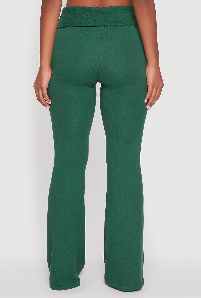 Womens Brushed Knit Fold Over Flare Pants, Green, Size L
