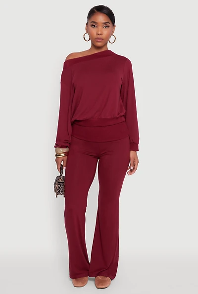 Womens Brushed Knit Fold Over Flare Pants,