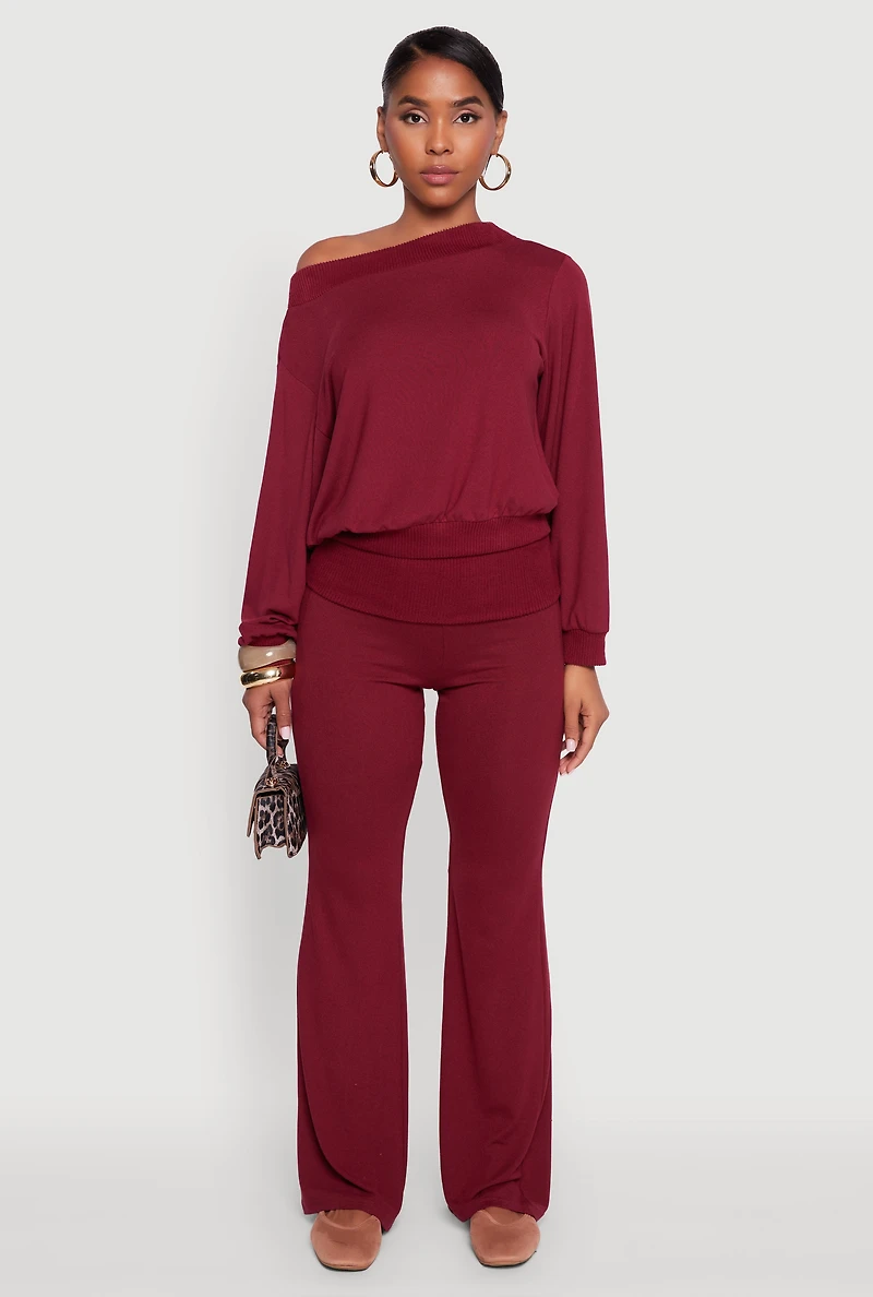 Womens Brushed Knit Fold Over Flare Pants,