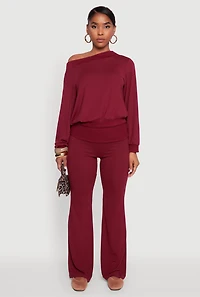Womens Brushed Knit Fold Over Flare Pants,