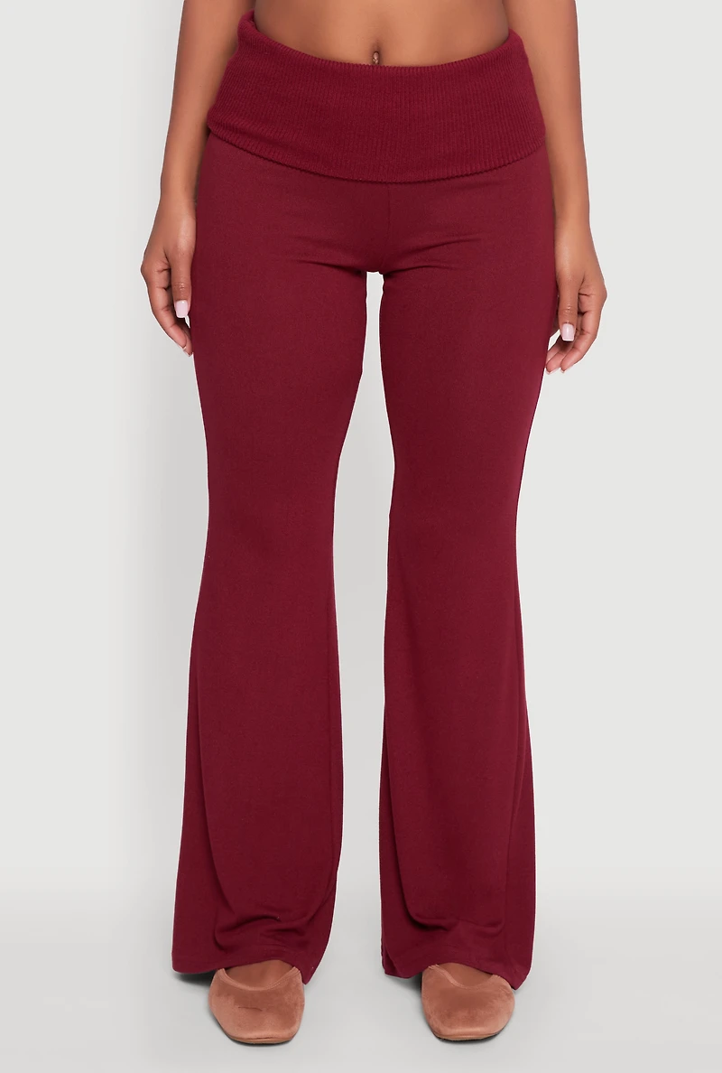 Womens Brushed Knit Fold Over Flare Pants,