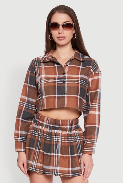 Womens Plaid Flannel Cropped Long Sleeve Shirt, Brown,