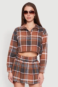 Womens Plaid Flannel Cropped Long Sleeve Shirt, Brown, Size L