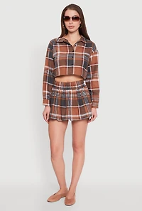 Womens Plaid Flannel Cropped Long Sleeve Shirt, Brown, Size L