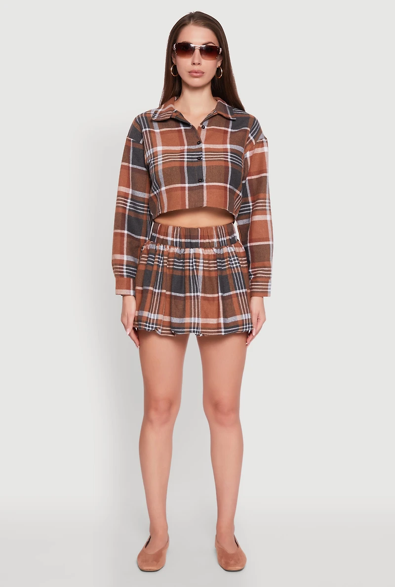 Womens Plaid Flannel Cropped Long Sleeve Shirt, Brown, Size L