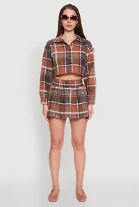 Womens Plaid Flannel Cropped Long Sleeve Shirt, Brown, Size L