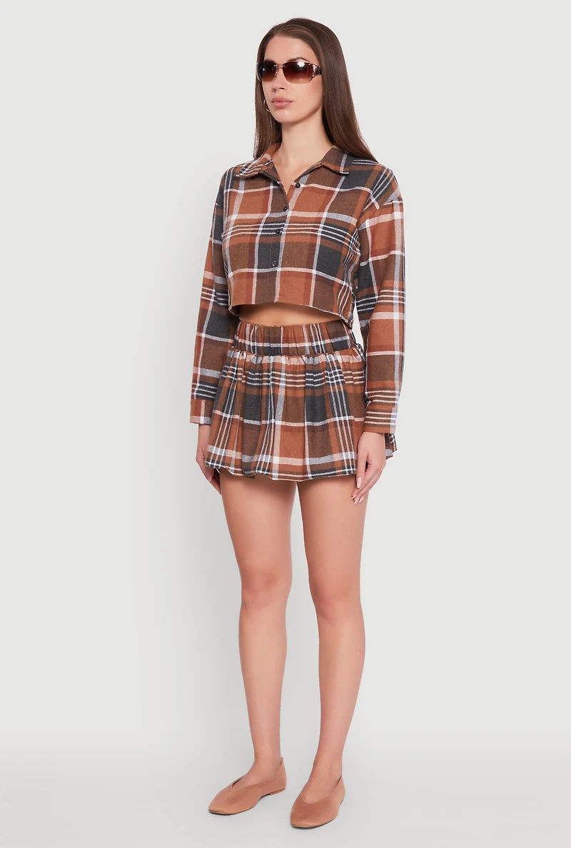 Womens Plaid Flannel Cropped Long Sleeve Shirt, Brown, Size L
