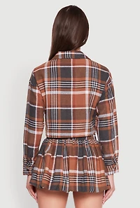 Womens Plaid Flannel Cropped Long Sleeve Shirt, Brown, Size L