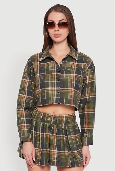 Womens Plaid Flannel Cropped Long Sleeve Shirt, Green, Size L