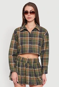 Womens Plaid Flannel Cropped Long Sleeve Shirt, Green, Size L