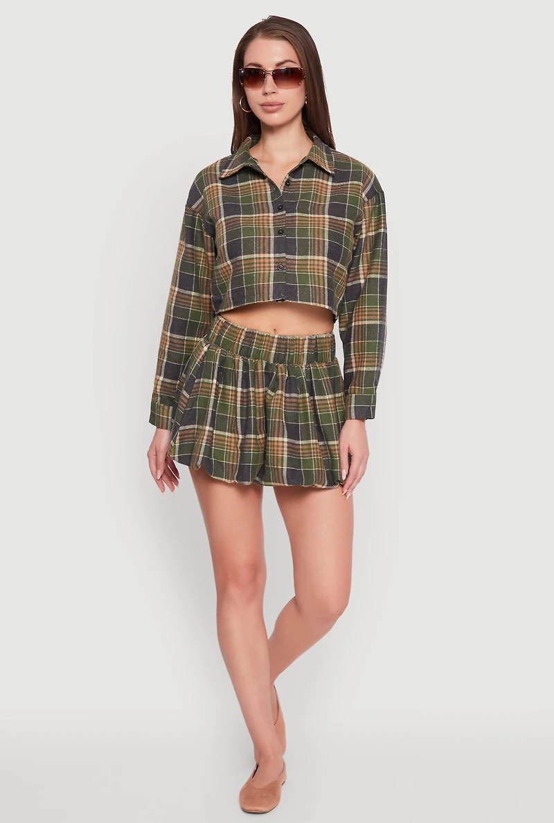 Womens Plaid Flannel Cropped Long Sleeve Shirt, Green, Size M