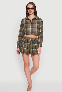 Womens Plaid Flannel Cropped Long Sleeve Shirt, Green, Size M