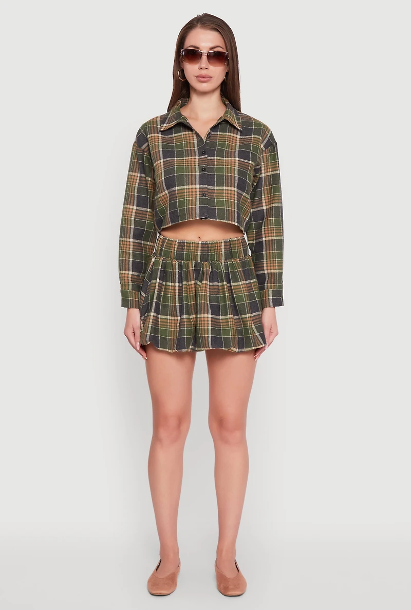 Womens Plaid Flannel Cropped Long Sleeve Shirt, Green, Size L