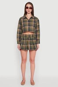 Womens Plaid Flannel Cropped Long Sleeve Shirt, Green, Size L