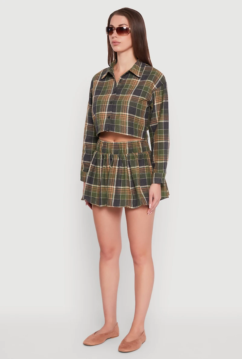 Womens Plaid Flannel Cropped Long Sleeve Shirt, Green, Size L