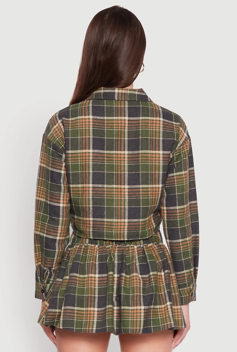Womens Plaid Flannel Cropped Long Sleeve Shirt, Green,