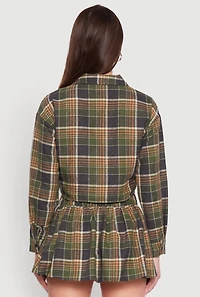 Womens Plaid Flannel Cropped Long Sleeve Shirt, Green,
