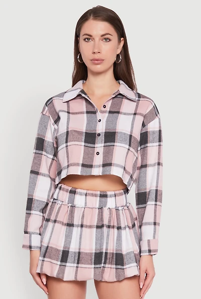 Womens Plaid Flannel Cropped Long Sleeve Shirt, Pink, Size M
