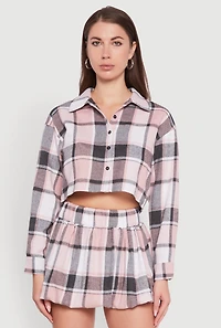 Womens Plaid Flannel Cropped Long Sleeve Shirt, Pink, Size M