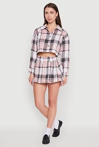 Womens Plaid Flannel Cropped Long Sleeve Shirt, Pink, Size M