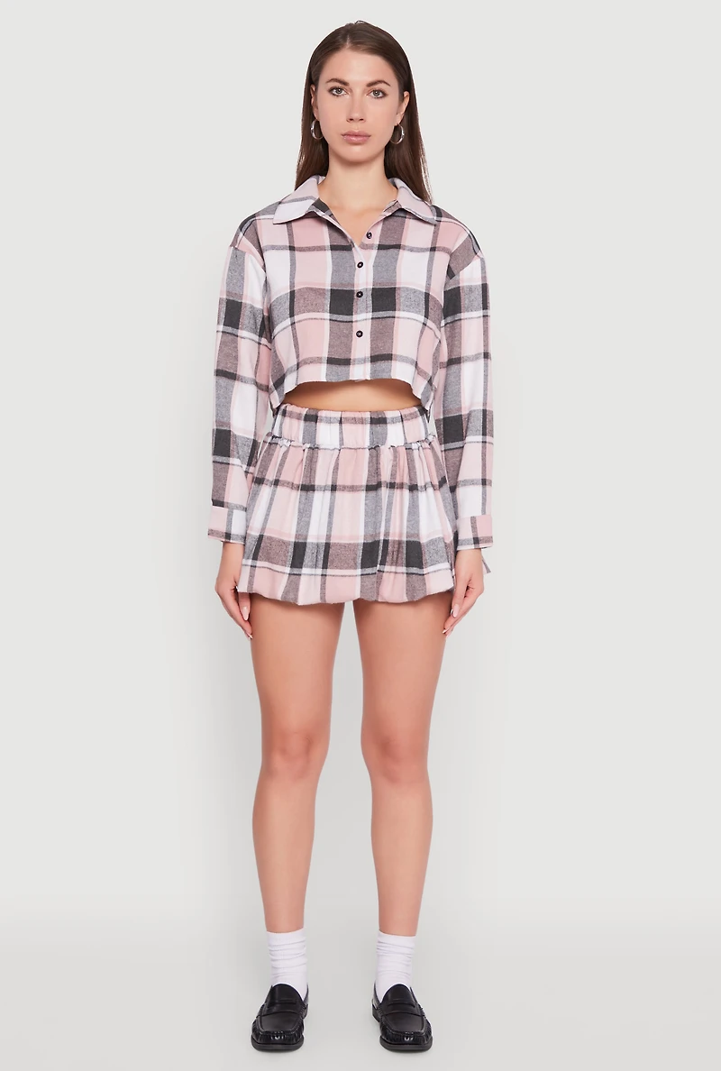 Womens Plaid Flannel Cropped Long Sleeve Shirt, Pink, Size M