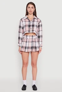 Womens Plaid Flannel Cropped Long Sleeve Shirt, Pink, Size M