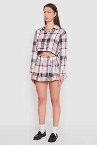 Womens Plaid Flannel Cropped Long Sleeve Shirt, Pink, Size M