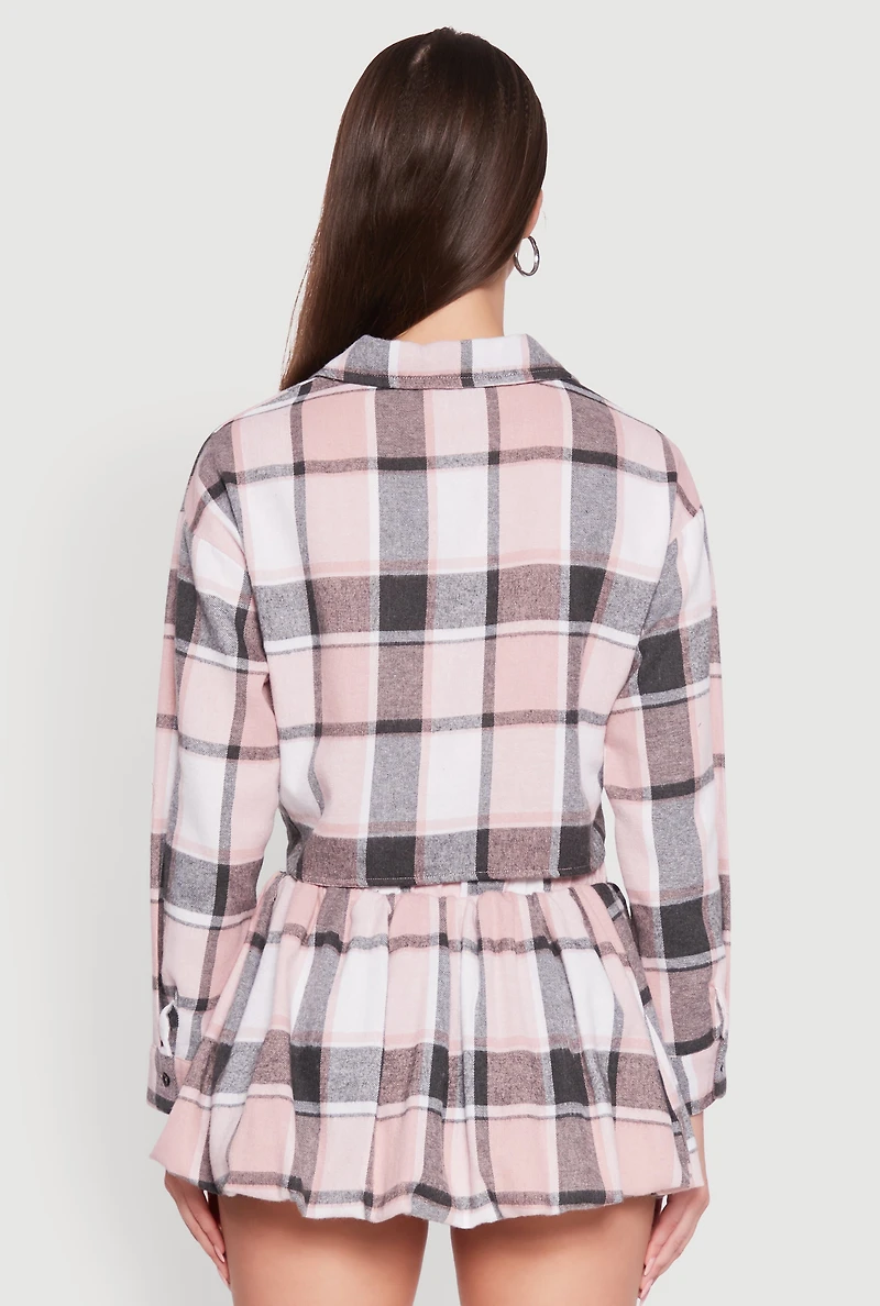 Womens Plaid Flannel Cropped Long Sleeve Shirt, Pink, Size M