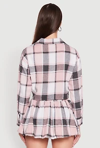 Womens Plaid Flannel Cropped Long Sleeve Shirt, Pink, Size M
