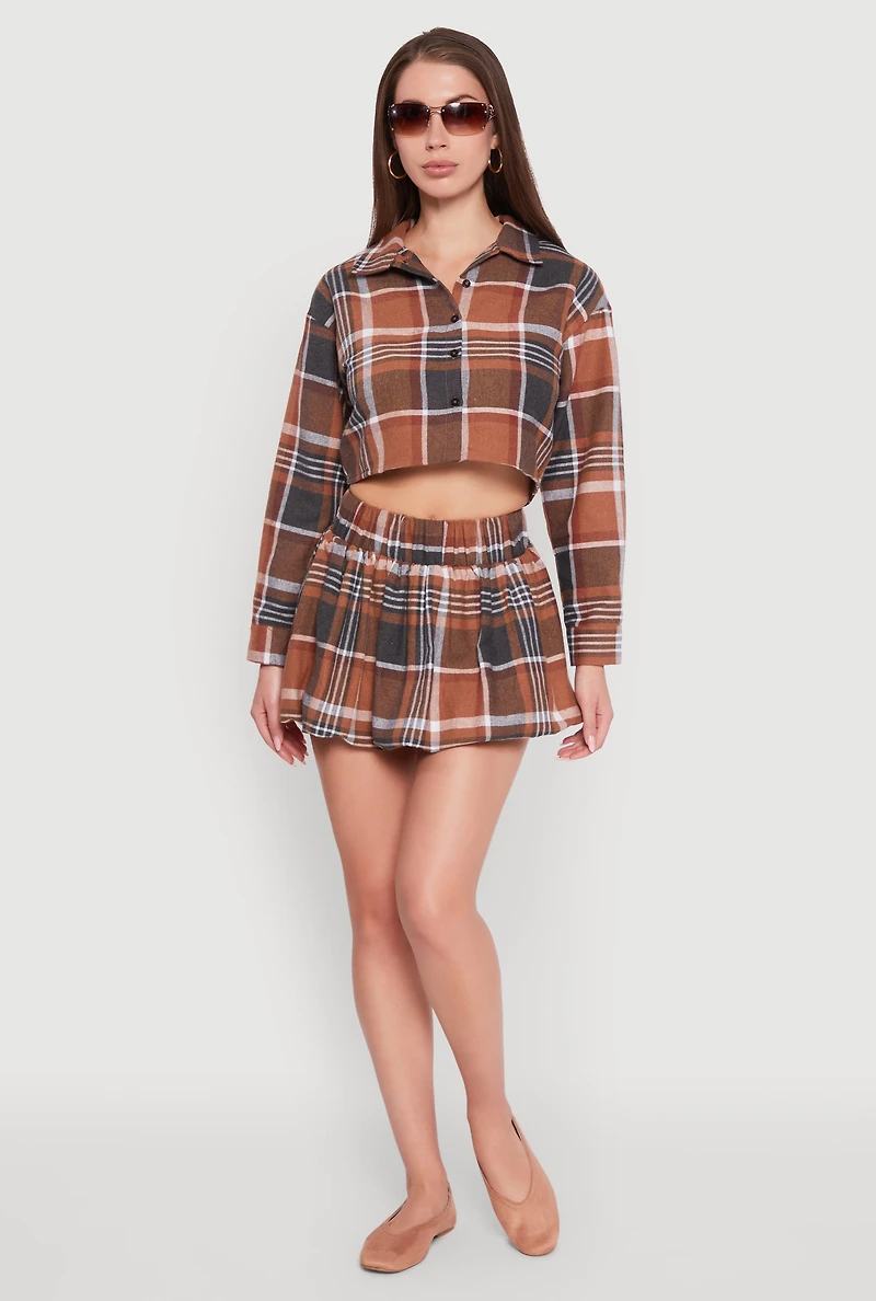 Womens High Waisted Plaid Flannel Mini Skater Skirt,