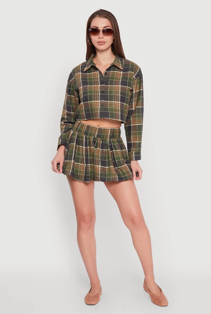 Womens High Waisted Plaid Flannel Mini Skater Skirt, Green, Size M